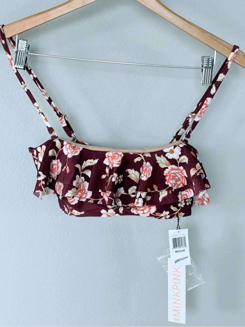 MINKPINK Floral Layered Bandeau Bikini Top M NWT Maroon Pink Detachable Strap